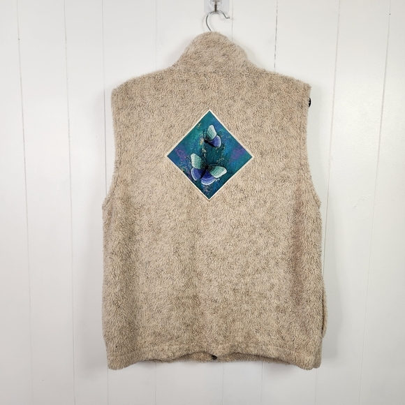 Vintage 90s Beige Fleece Zip Vest Full Zip Butterfly Cottagecore Womens Large - Picture 4 of 9